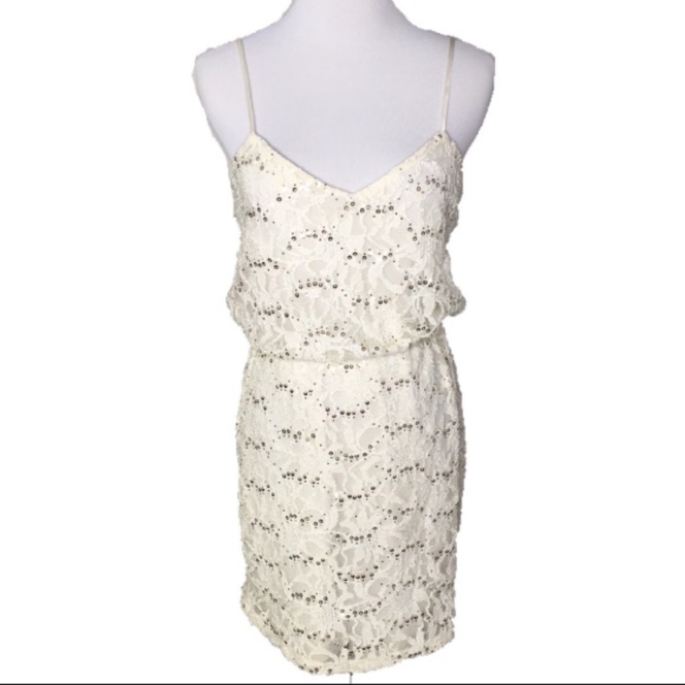 B. Darlin Ivory Spaghetti Strap Sequin Lace Blouson Dress